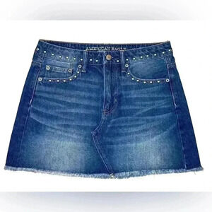 American Eagle Women Hi-Rise Festival Mini Jean Skirt SZ 4 Short Studded Frayed